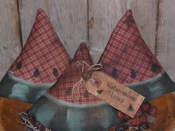 3 Primitive - Watermelon Wedges Slices - Summer Fun - Fruit - Slices - Bowl Fillers - Ornies - Ornaments - Tucks