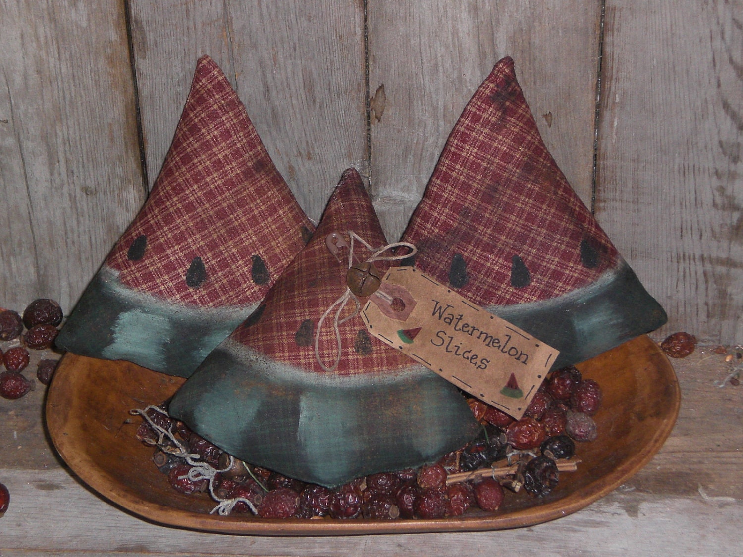 3 Primitive - Watermelon Wedges Slices - Summer Fun - Fruit - Slices - Bowl Fillers - Ornies - Ornaments - Tucks