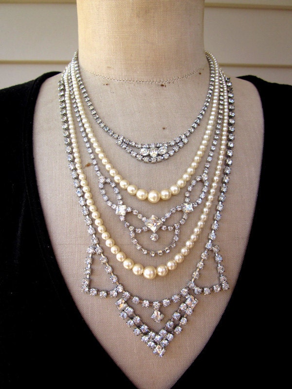 SALE Vintage Pearl Rhinestone Wedding Necklace Assemblage - Princess Grace