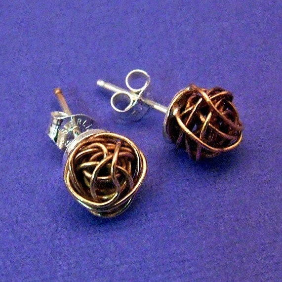 GOLD Stud Earrings - Handmade Wireball Tumbleweeds Woven in gold filled wire with sterling silver posts and nuts