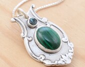 Spoon Pendant with Malachite and Green Tourmaline - Handmade Upcycled Sterling Silver