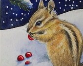Winter Chipmunk Art by Melody Lea Lamb ACEO Print