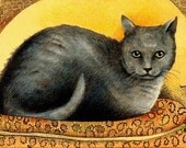 Gray Cat on a Cushion Art by Melody Lea Lamb ACEO Print