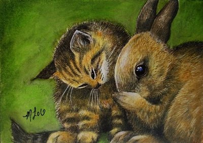 Cat and Bunny ChristmasArt By Melody Lea Lamb ACEO Print