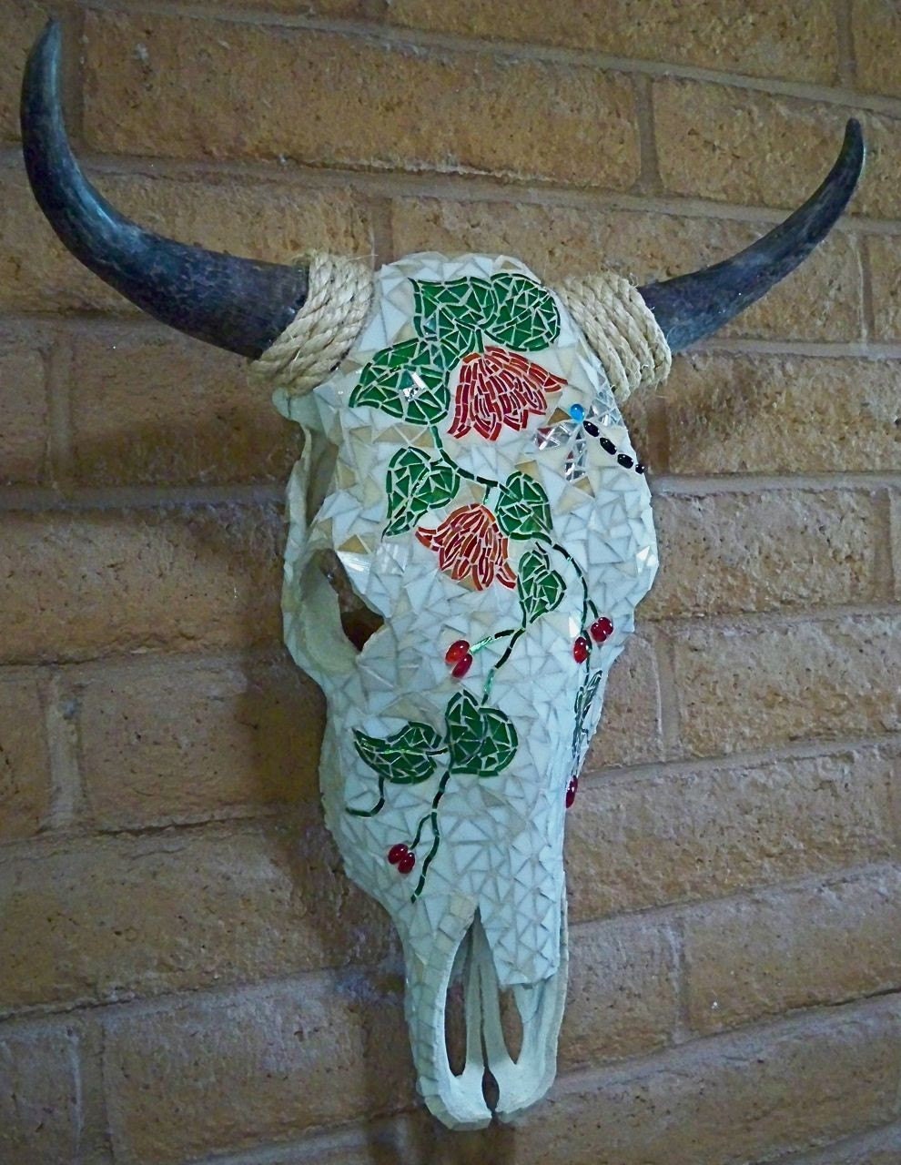 Mosaic Steer Skull with Flowers and Vines
