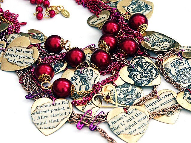 Necklace Alice In Wonderland Tangled Chain & Heart Charm Assemblage Necklace PUNK ALICE Safety Pin Jewelry Valentine Necklace