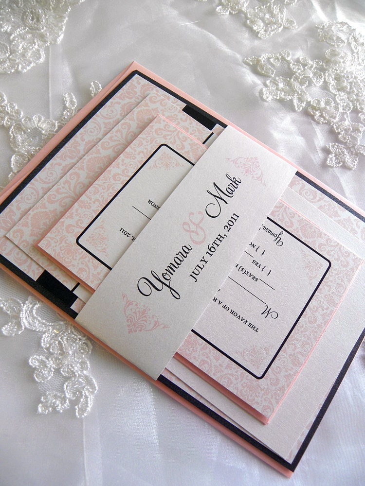 Black and Blush Pink Damask Wedding Invitation Set