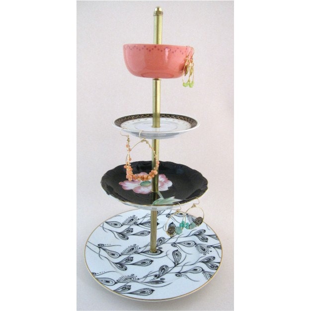 RESERVED FOR SAM salmon pink and black peacock 4-tier antique jewelry stand