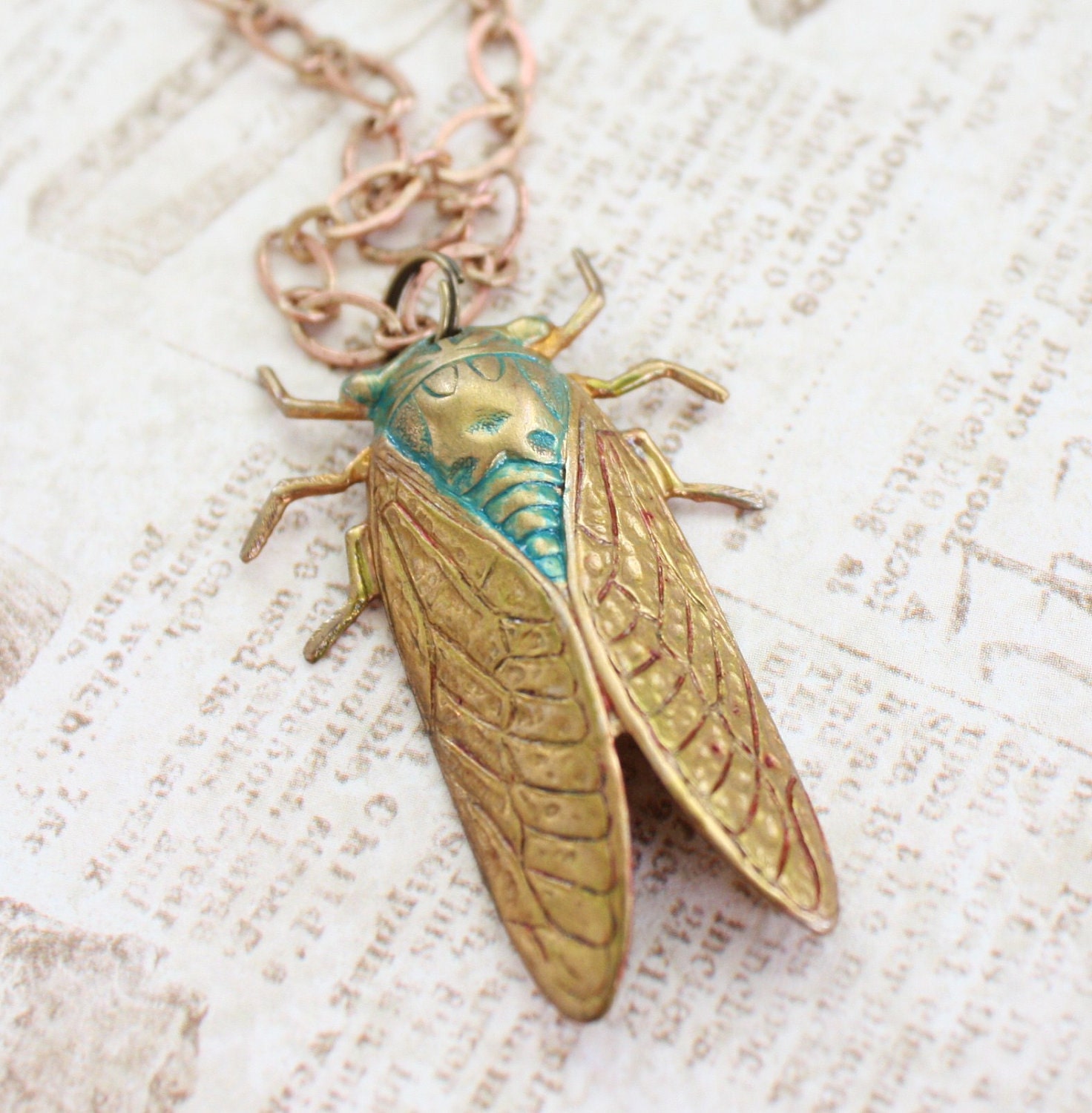 Raw Brass Cicada Pendant Necklace with Turquoise Verdigris Patina