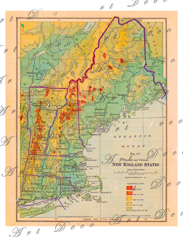 Items Similar To New England Map Physical And Political From