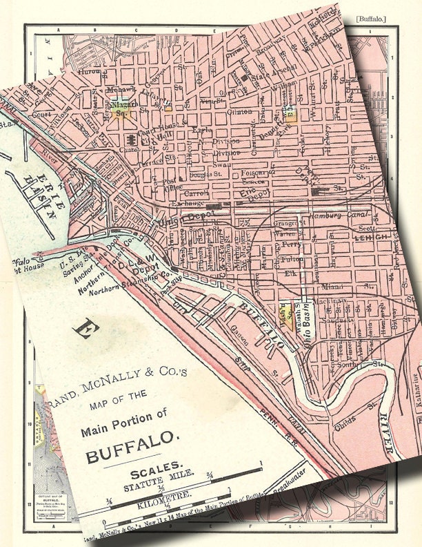 old map of Buffalo New York from 1901 showing the city streets in pastel pink digital image no. 669
