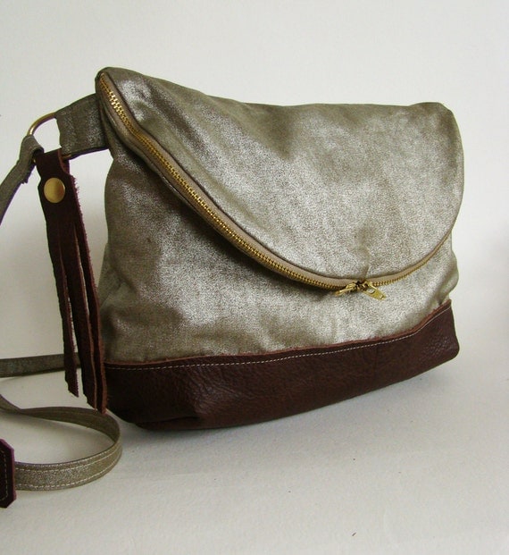 Foldover Day Traveler Bag in silvery bronze and russet leather, ready to ship