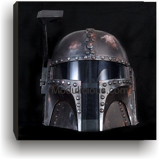 Steampunk Black battle worn  Boba Fett Helmet Canvas Giclee Print Star Wars