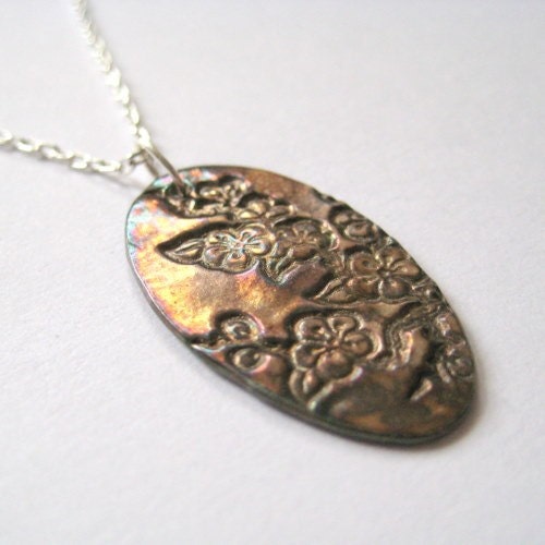 Cherry Blossom Oxidized Fine Silver Oval Pendant Necklace