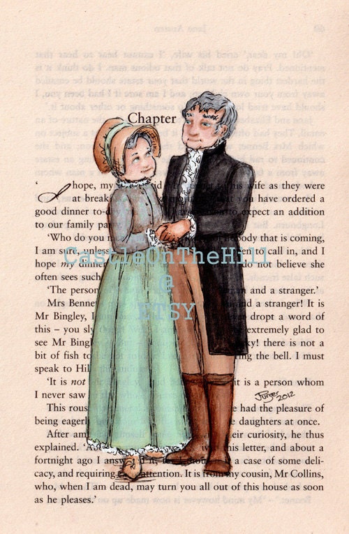 Original Mr Mrs Bennett portrait painting on Jane Austen Pride and Prejudice book page