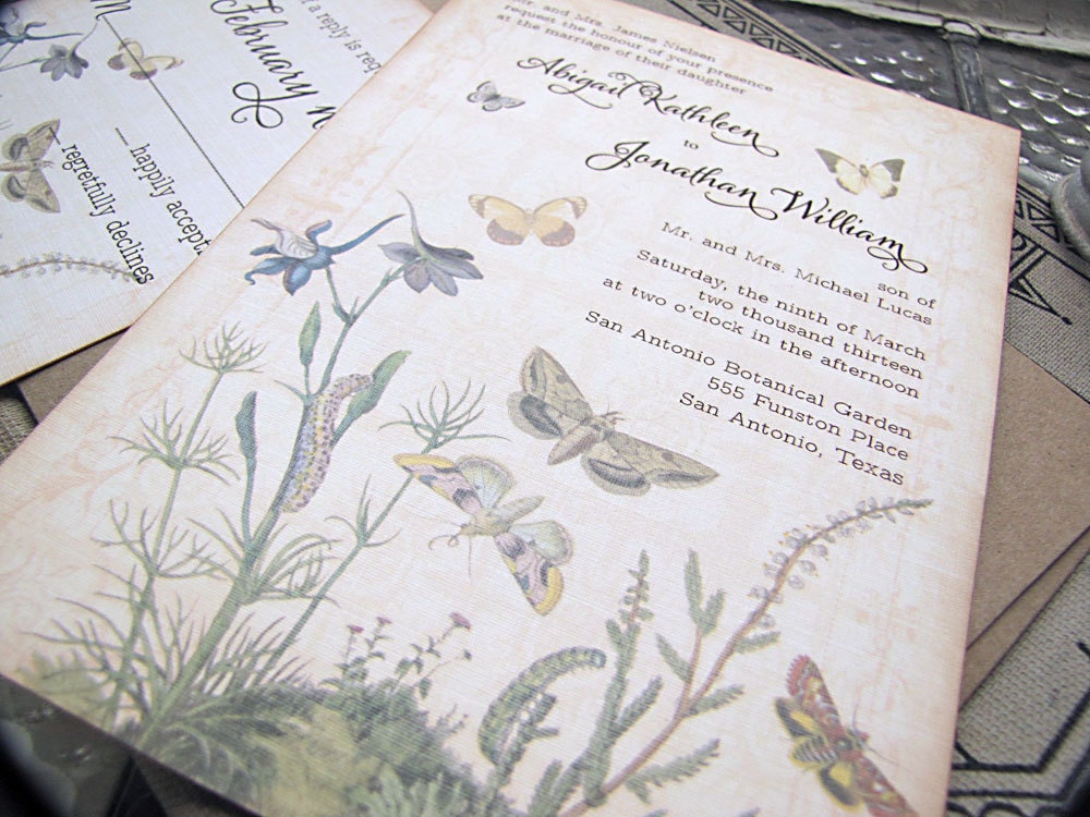 Vintage Wedding Invitation- Botanical Butterflies- Garden Wedding