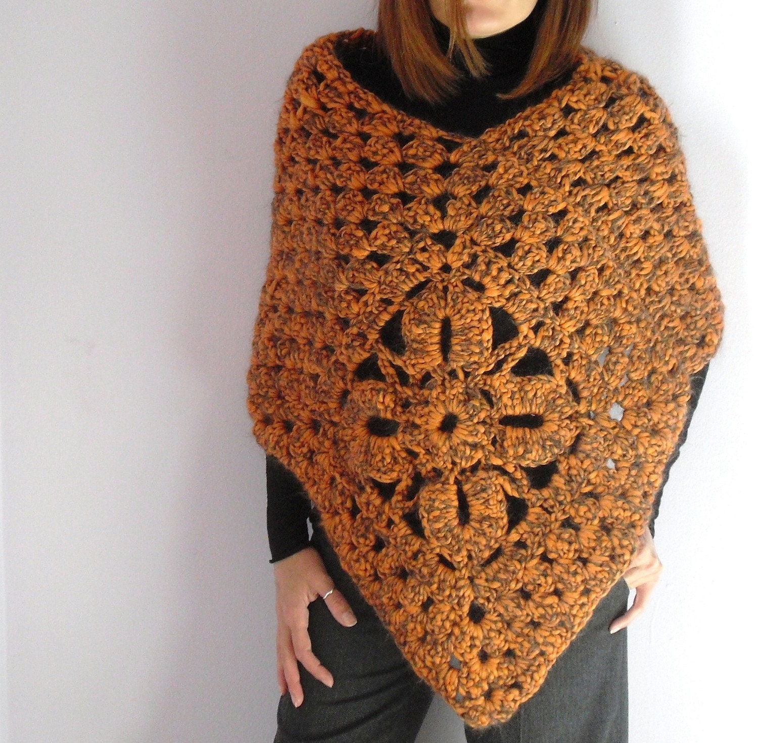 Crocheted Poncho Orange and Brown Handmade Super Soft - Knitwear Italian fashion