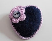 Brooch Felt Heart safety pin Blue Pink - Handmade brooch Crocheted Flower