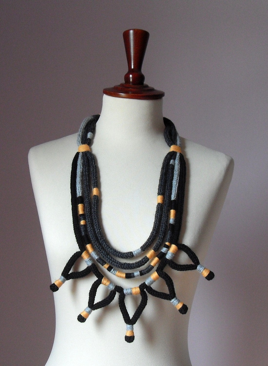 Knitted Necklace Grey Gray Black Orange - Fiber Art Textile Necklace - Handmade - ETHNIC (08)