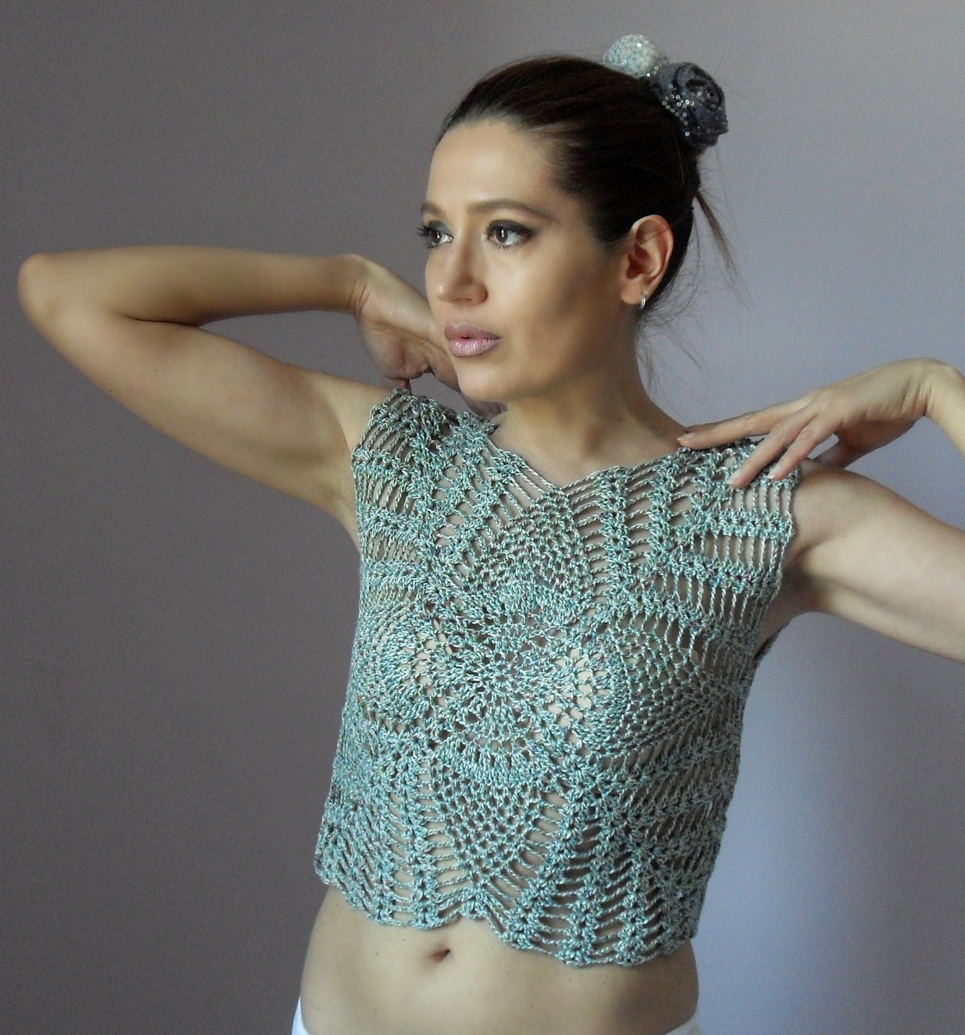 Crocheted tank top - pineapples pattern - Linen super soft - elegant and romantic - Green Princess