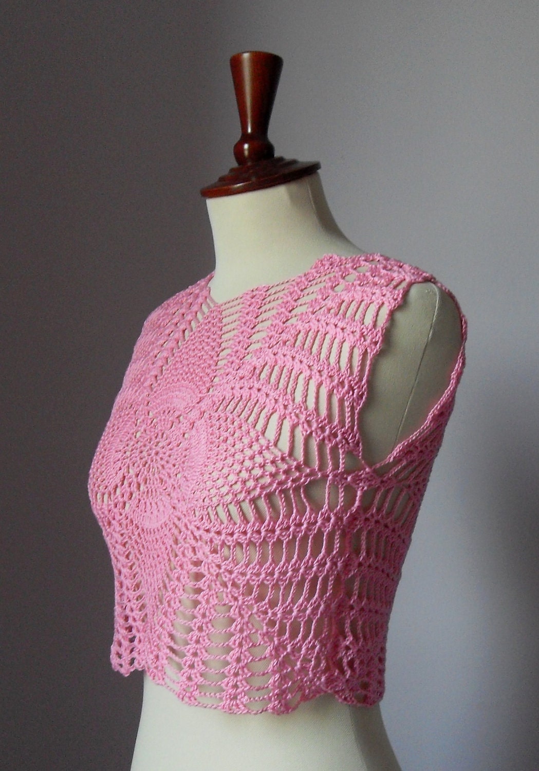 Crocheted tank top - pineapples pattern Cotton - elegant and romantic - Pink Princess