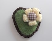 Brooch Felt Heart safety pin Green Brown Cream - Handmade brooch Crocheted Flower