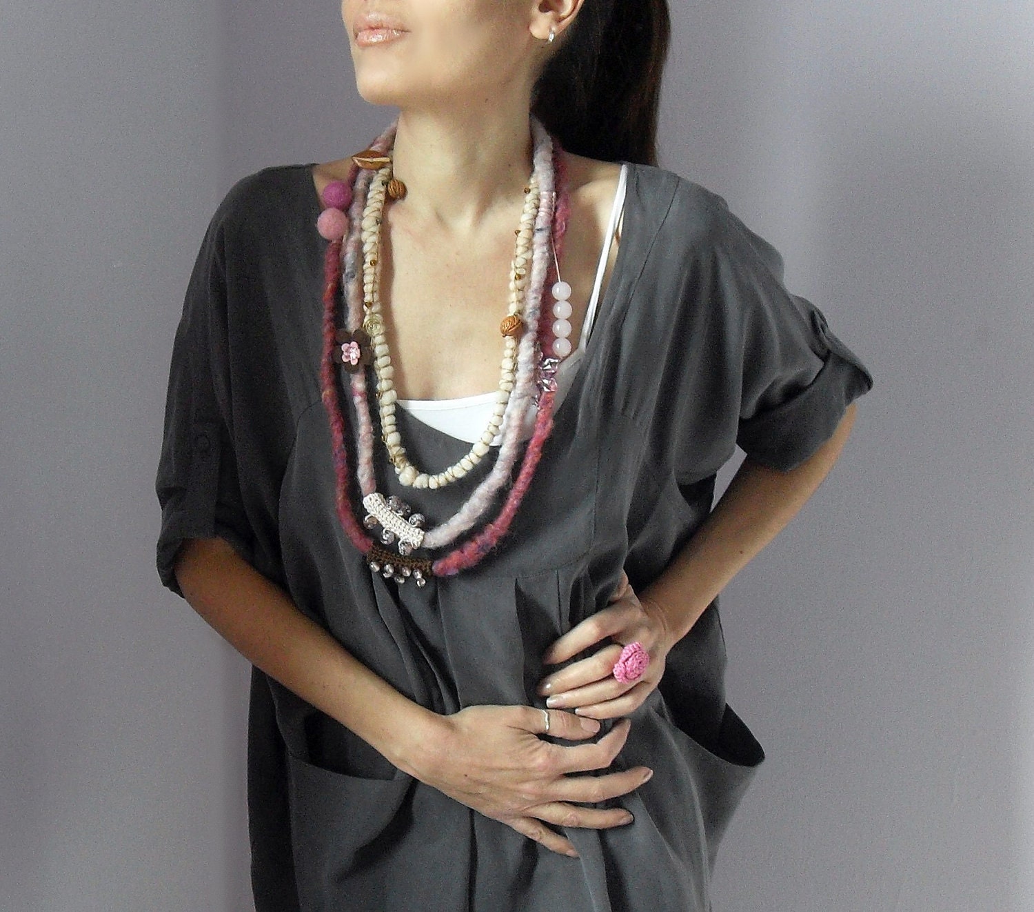 Fiber Art Crochet Textile Necklace Pink Shades and Brown Beaded - Handmade - Italian Mood (04)