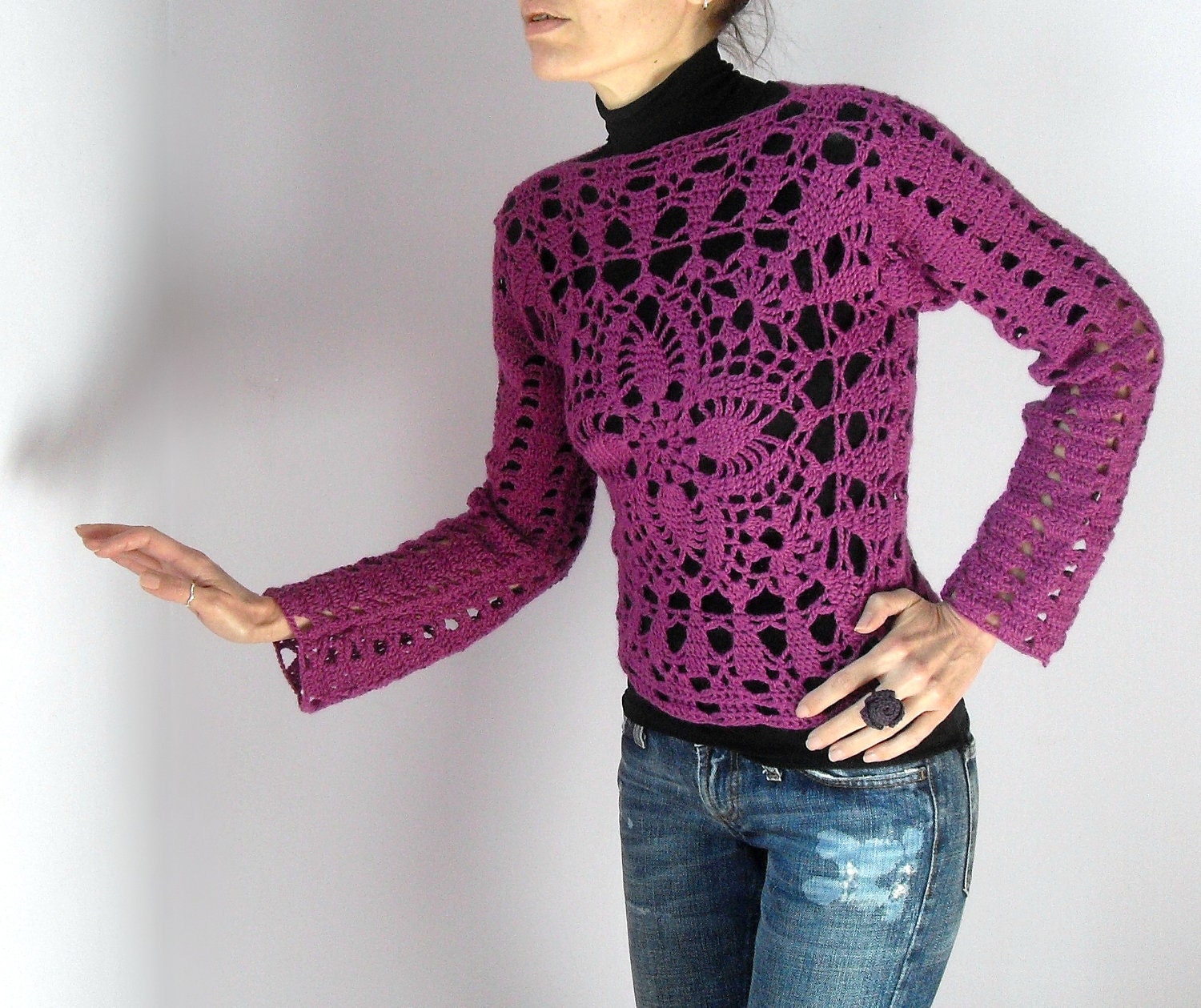 Crocheted Lace Sweater Tank Long Sleeves Pink - Handmade OOAK - Urban Cool