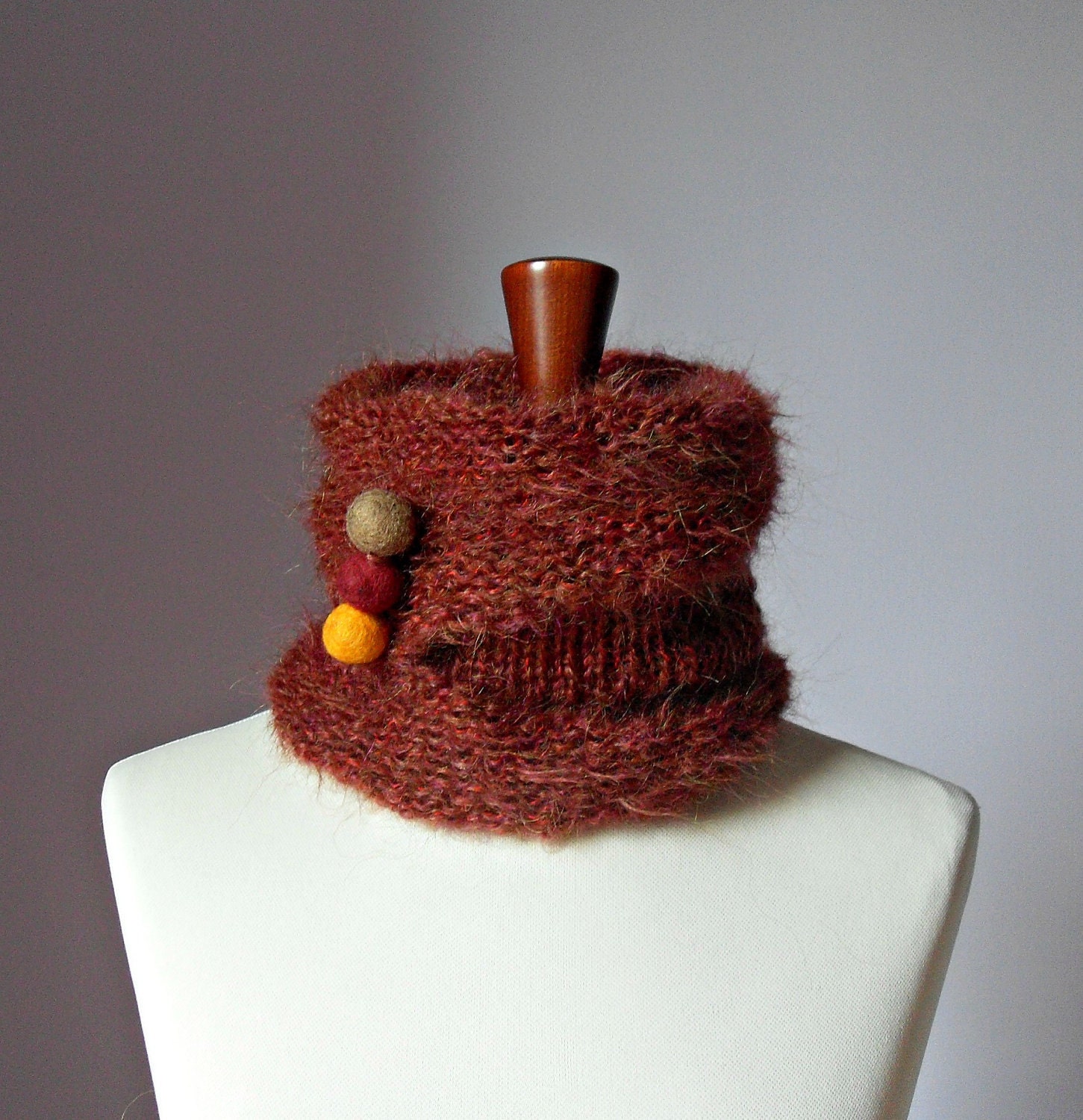 Knitting Cowl Neckwarmer Brown Rusty Red - Handmade - Mohair - One size