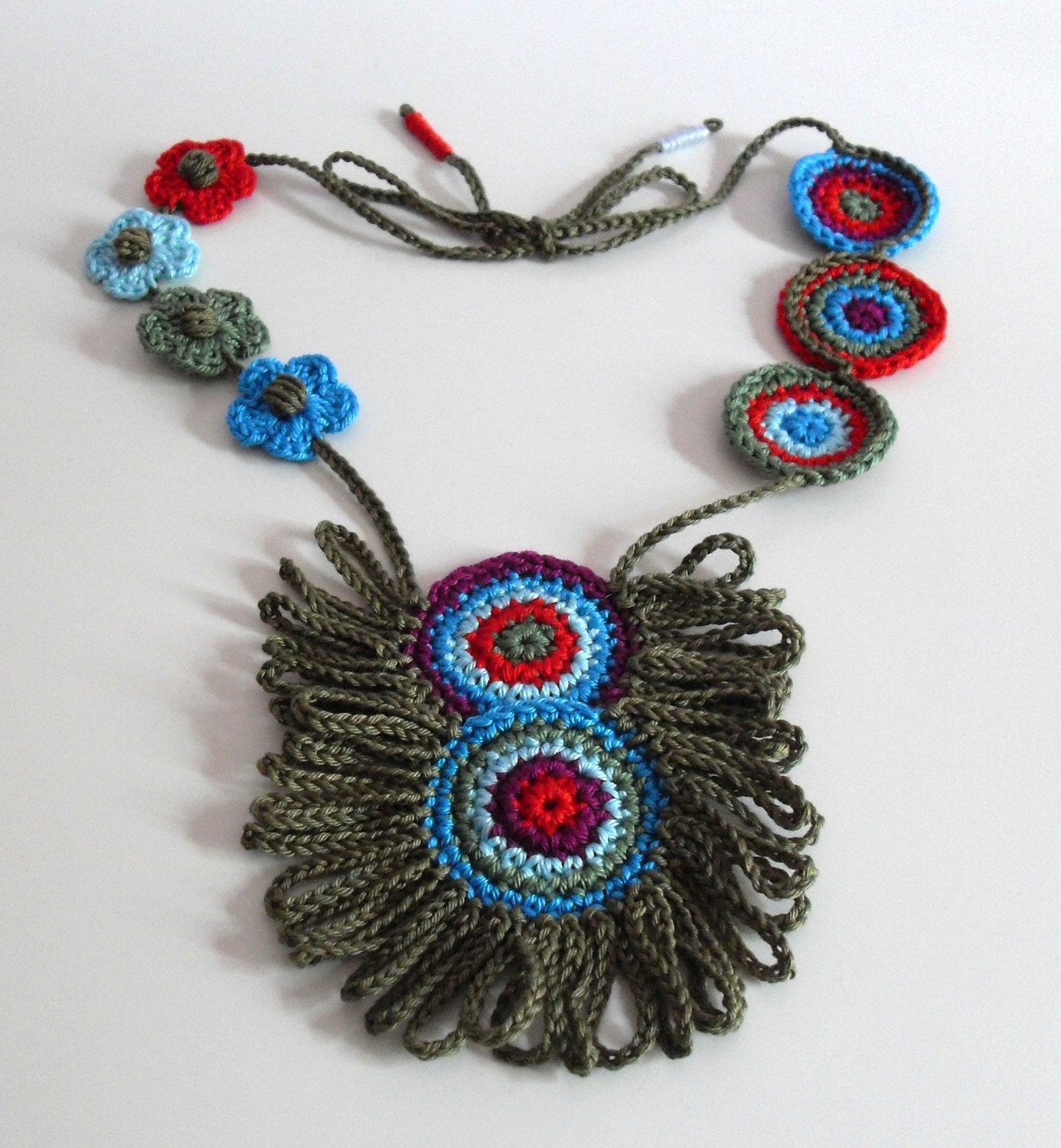 Crocheted Necklace Blue Red Green Purple - Fiber Art Textile Necklace - Handmade - ETHNIC (04)