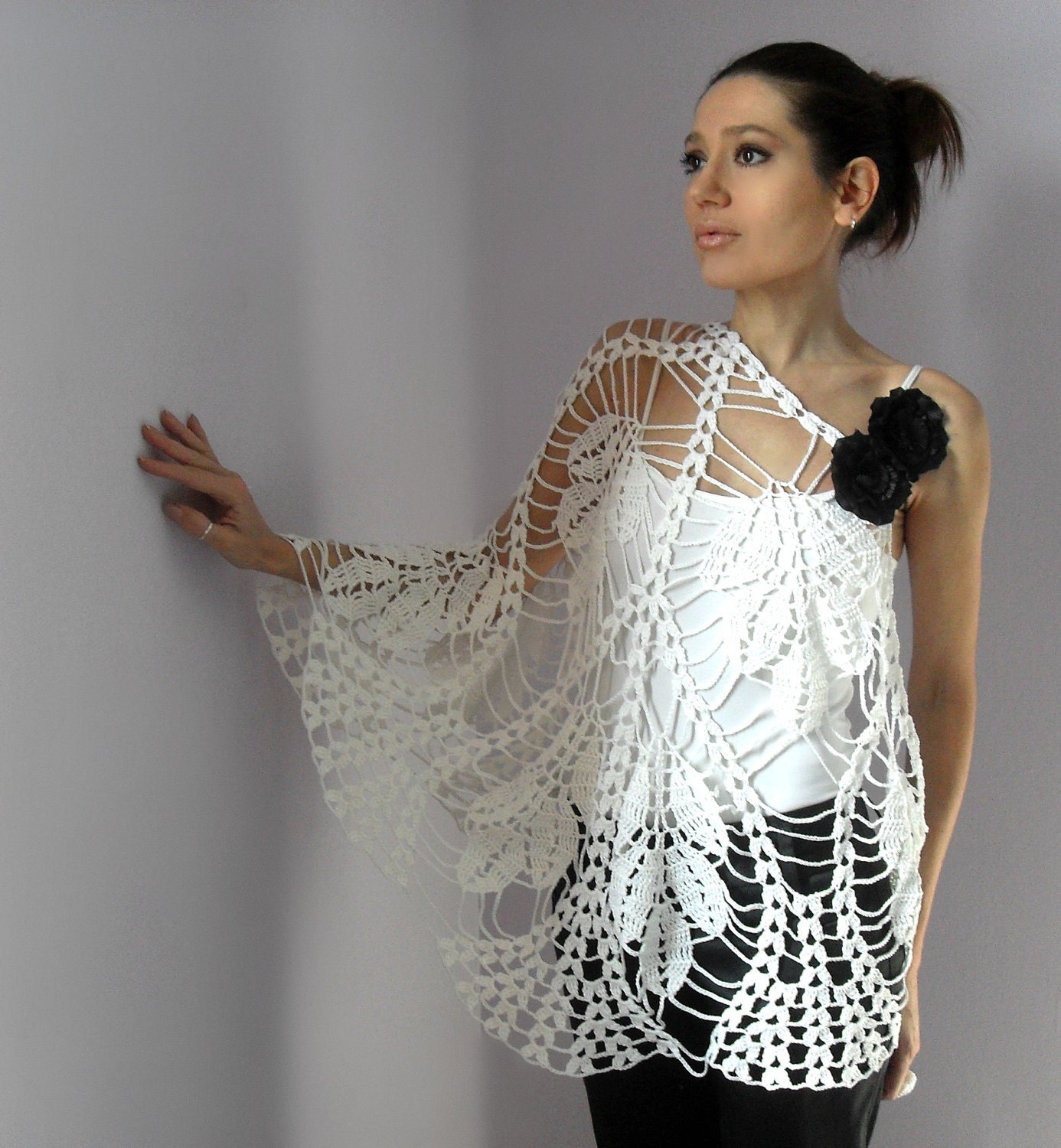 Reserved for Chrissy - Hand Crochet Lace Wrap Shawl - WHITE LEAVES- Cotton