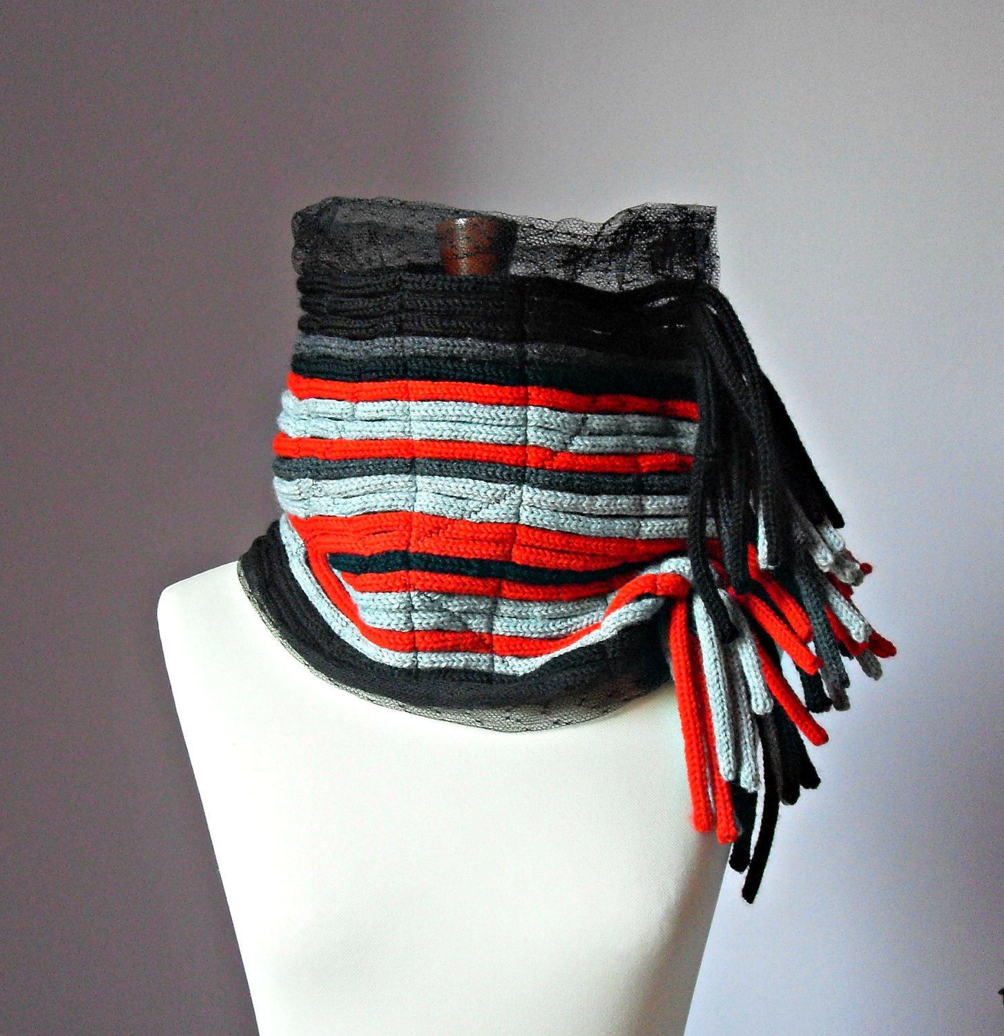 Knitted Cowl NeckwarmerScarf - Handmade - Red Black Grey Gray - Fringes - Wool and Tulle - Italian fashion - Post Apocalypse Survivor