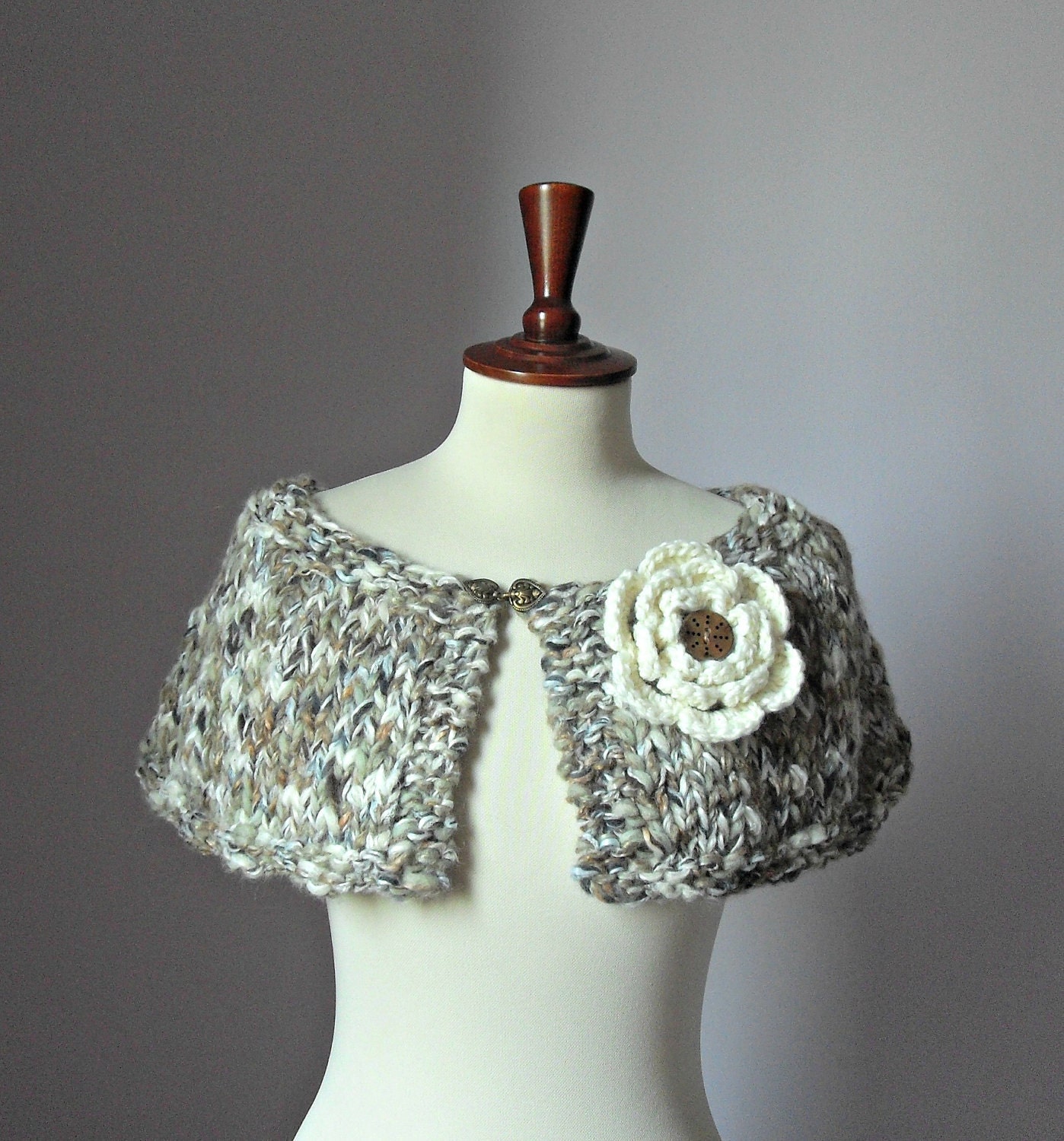 Knitted Capelet Brown Shades Cream Nut - Handmade - Flower Brooch - Medium Size