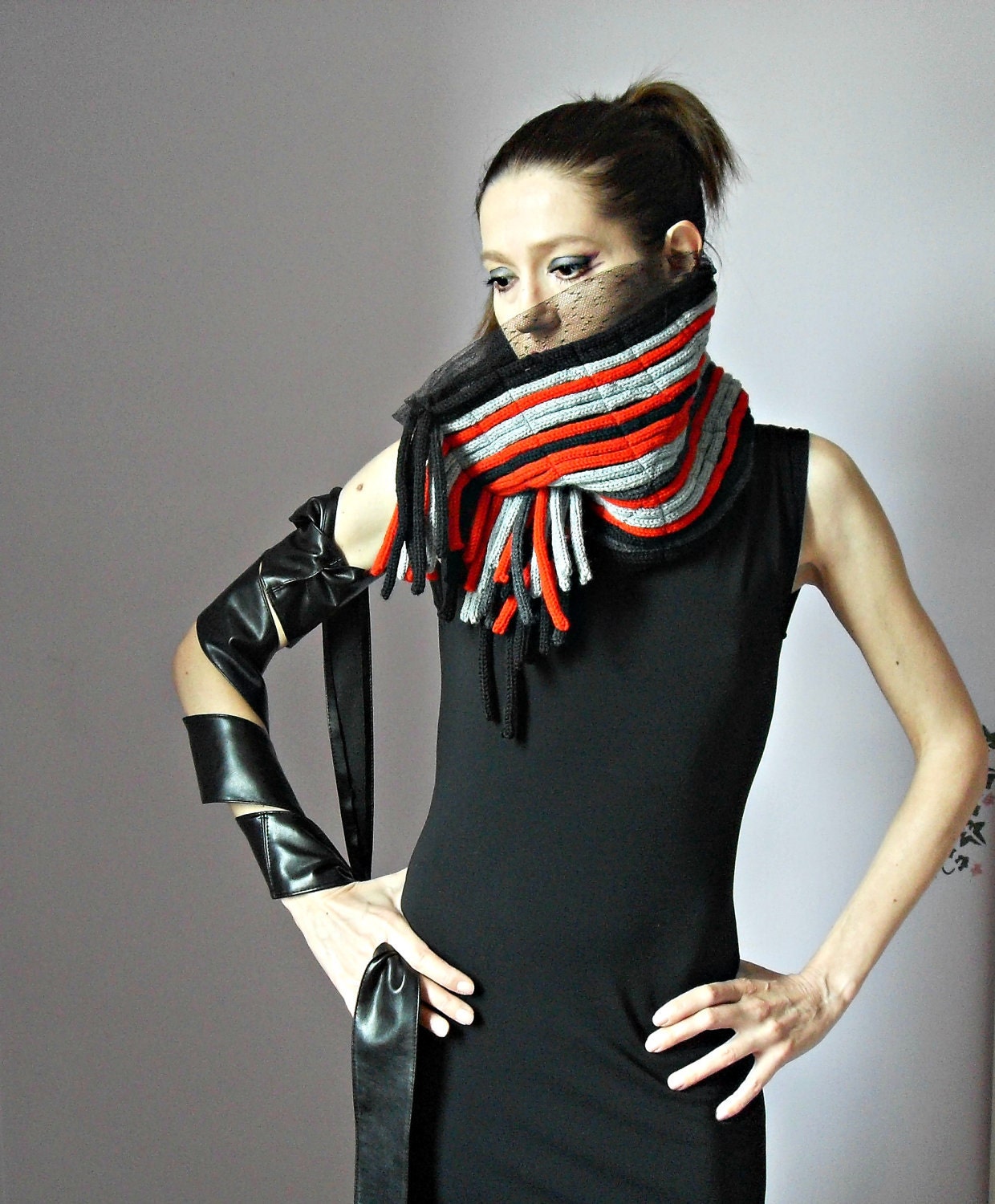 Knitted Cowl NeckwarmerScarf - Handmade - Red Black Grey Gray - Fringes - Wool and Tulle - Italian fashion - Post Apocalypse Survivor
