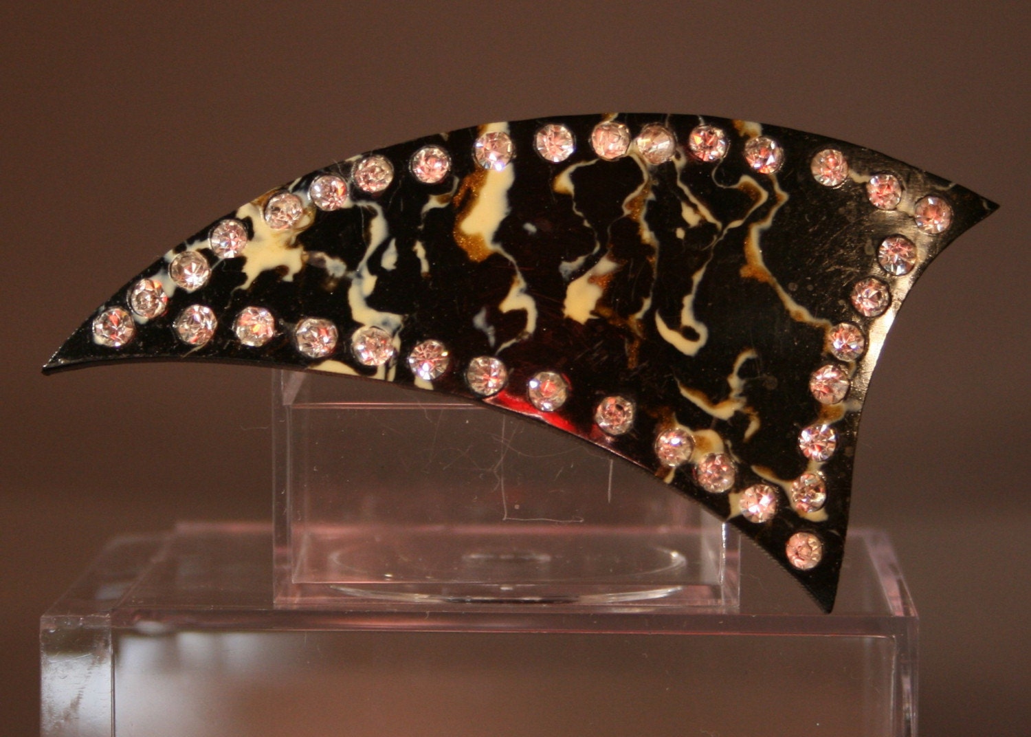 Faux Tortoise-Shell Bakelite Brooch with Rhinestones