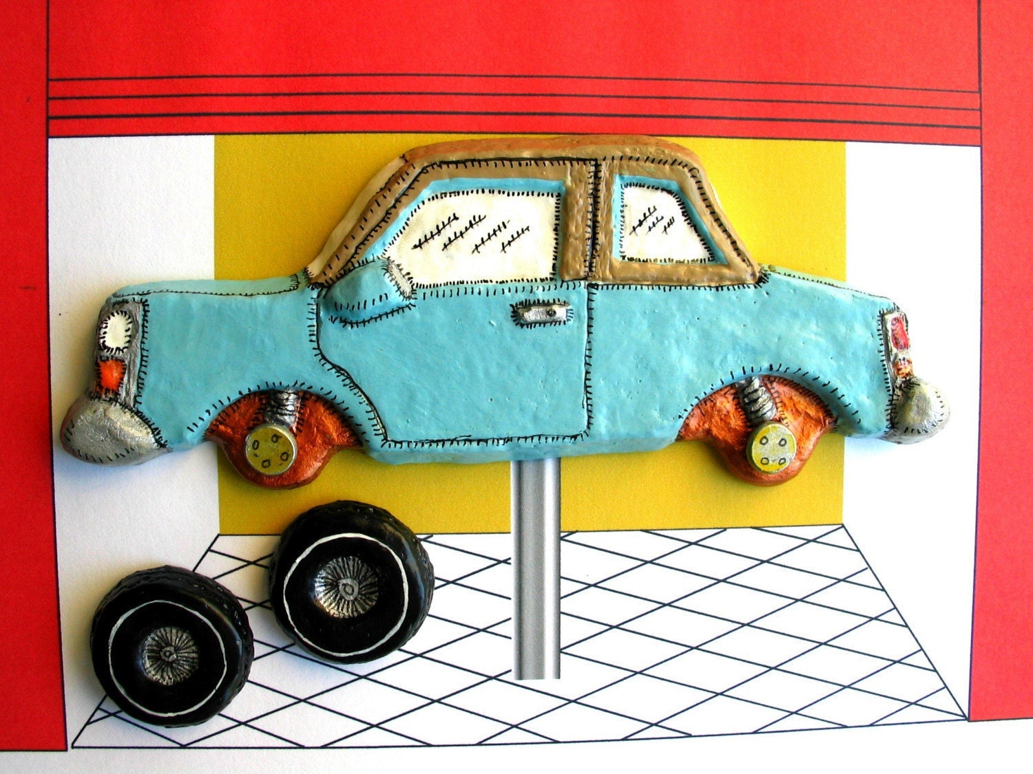 Powder Blue Car with Removable Wheels Magnet Set