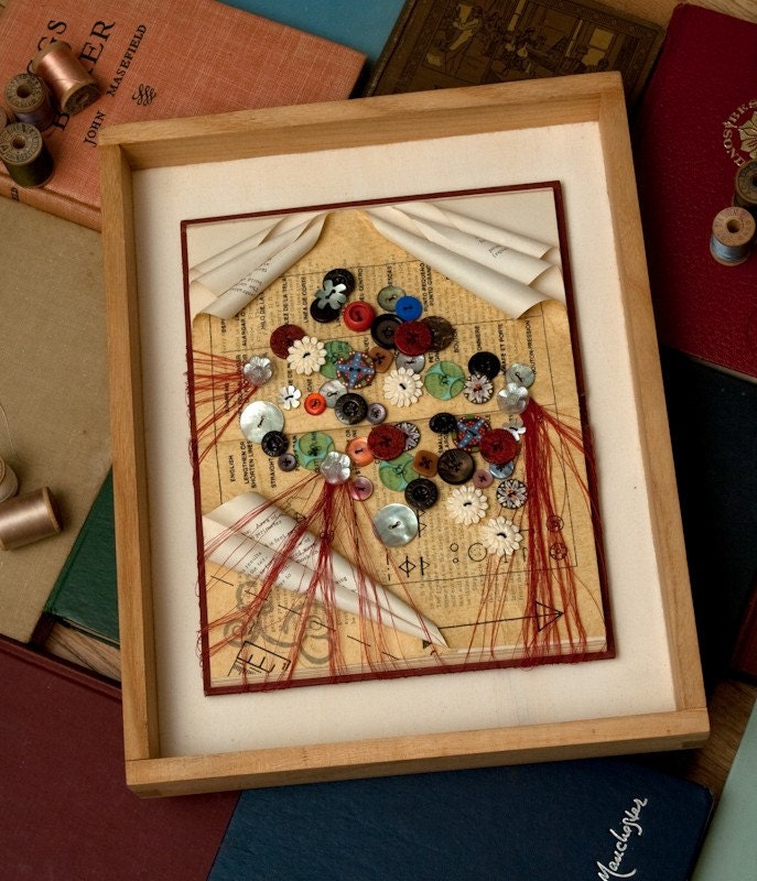 SALE - Colorful Mixed Media Collage, Threads and Buttons Altered Book