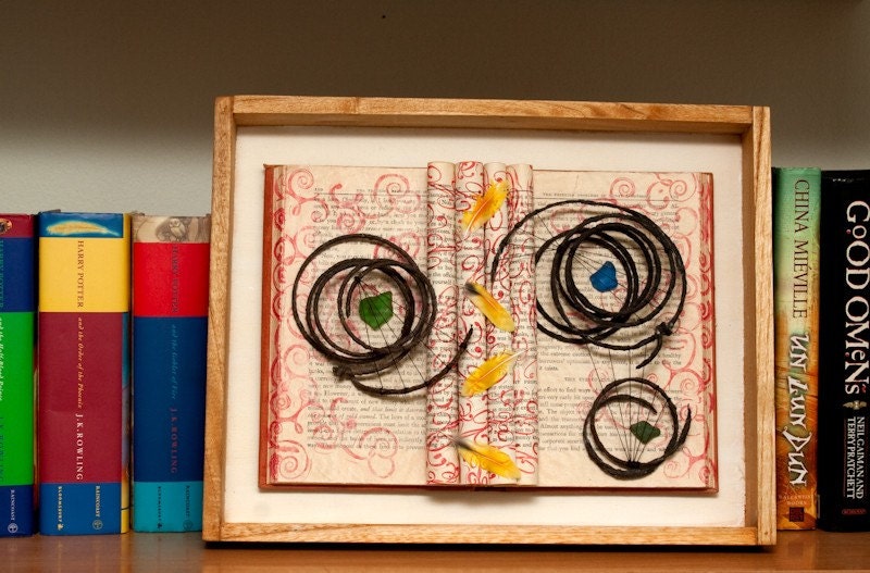 Mixed Media Artwork, Upcycled Bed Springs, Feathers and Book
