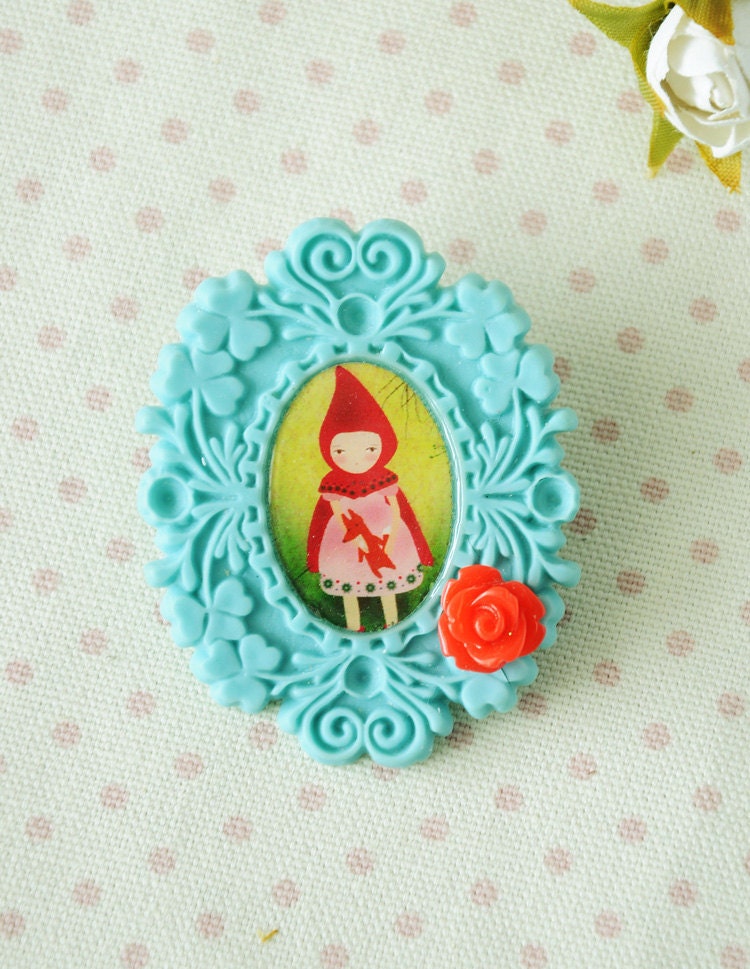 Little red riding hood  - green teal brocade cameo brooch
