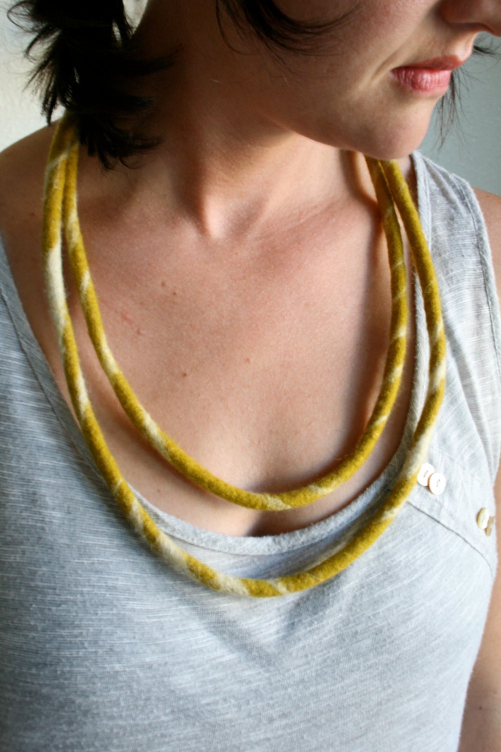 Striped Double Strand Necklace - Hand Felted Merino Wool - Mustard and Cream - Made to Order