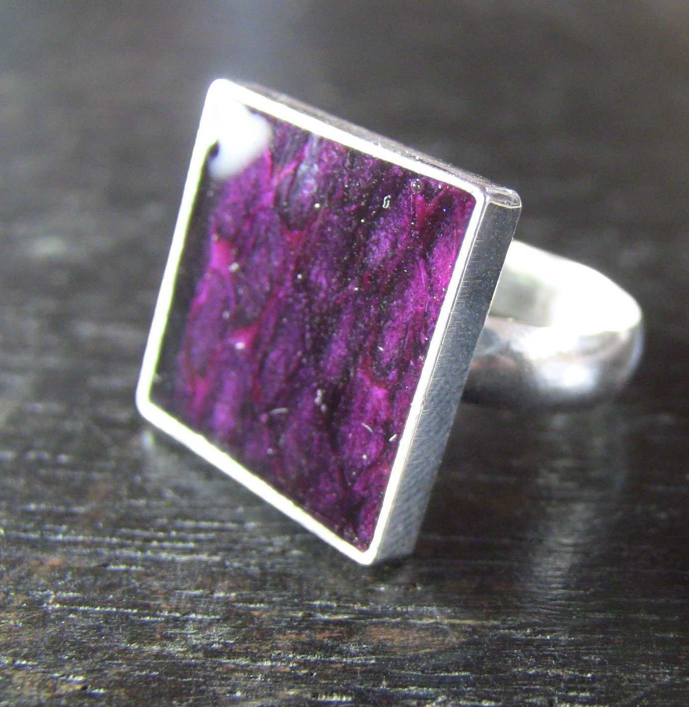 Sterling Silver, Dark Fuschia Pink Fish Leather Ring, Bold Color, Geometric - Square Size 8 - Christian Jewelry - HOOKED on JESUS