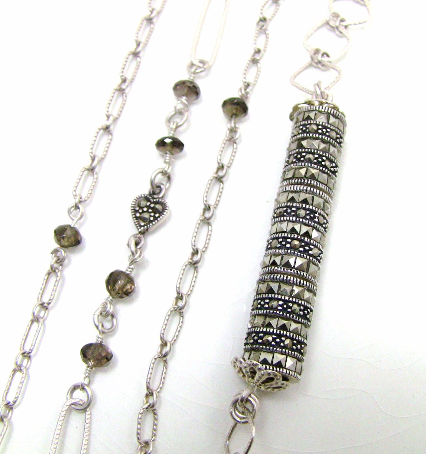 Sterling Silver Long Chain Necklace, Smoky Quartz Stones, Marcasite Heart, Cross Charm - Christian Necklace - Door Post of the Heart