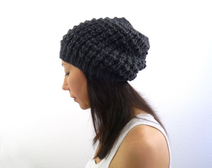 LouLou Knit Lace Slouch Hat in Dark Charcoal Black Alpaca Wool Blend. Spring and Winter Boho Style Fashion. Handmade in France.