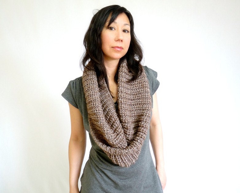 RESERVED - Pearly Ribbed Knit Infinity Scarf in Brown Alpaca