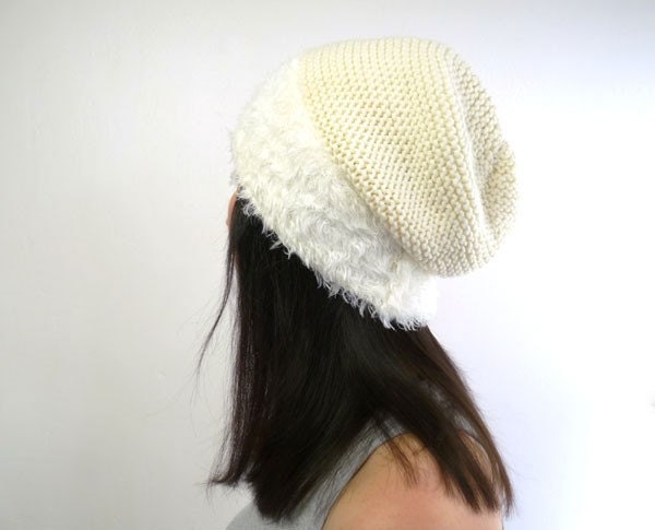 White Swan Faux Fur Knit Slouch Hat - Free Shipping in France