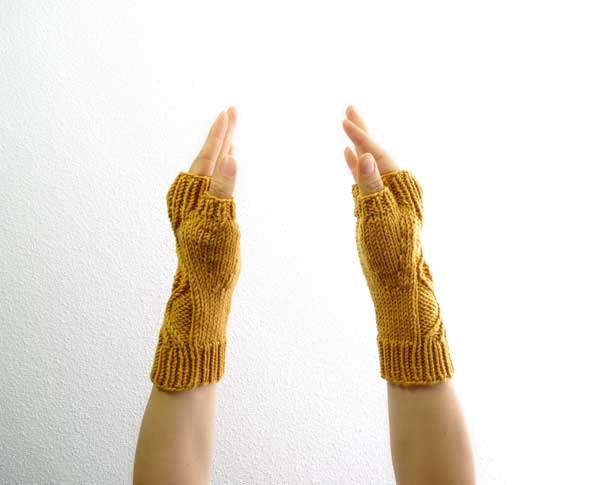 Swirl Hand Knit Fingerless Mitts in Golden Sunflower Soft Merino Wool. Spring and Winter Hipster Fashion Handmade in France.