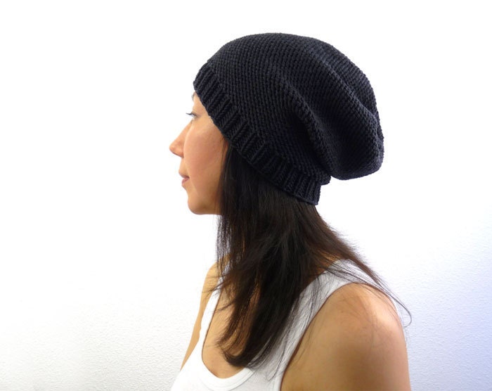 Phrygian Style Slouch Urban Knit Hat in Dark Charcoal Black Merino Wool for Men and Women. Spring and Winter Fashion Handmade in France.