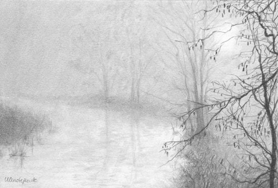 MISTY MORNING miniature 6x4in pencil drawing landscape by Ursa