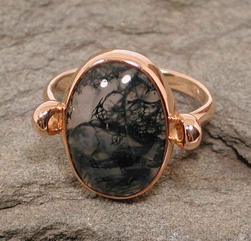 Mystical moss agate ring 14k rose pink gold jewelry