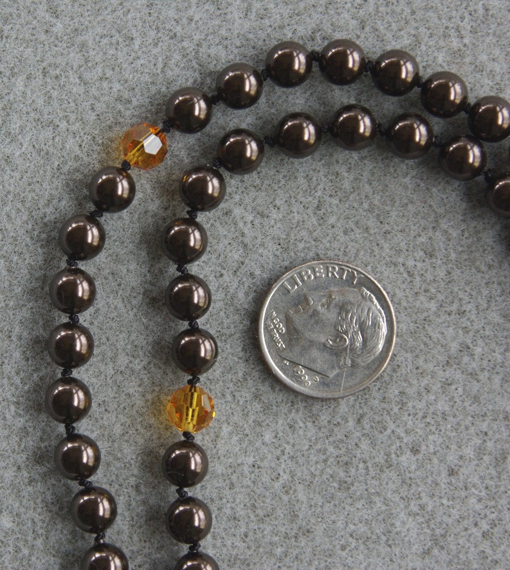 Dark Chocolate and Orange handknotted pearl necklace with Swarovski pearls, Swarovski crystals and sterling silver